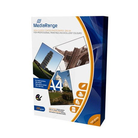 MediaRange DIN A4 Photo Paper for inkjet printers, high-glossy coated, 220g, 100 uni