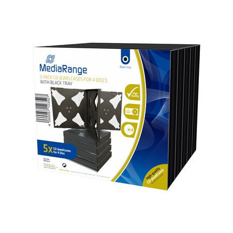 Pack 5 MediaRange CD Jewelcase for 4 disc, 22mm, black tray