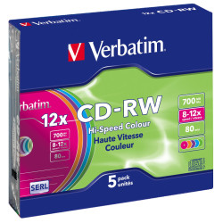 Verbatim CD-RW SERL 700MB 12X COLOUR SURFACE Slimcase Pack 5