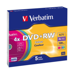 Verbatim DVD+RW SERL 4.7GB 4X COLOUR SURFACE Slimcase Pack 5