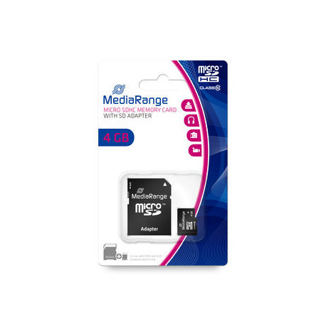 MediaRange microSDHC memory card, Class 10, with SD adapter, 4GB